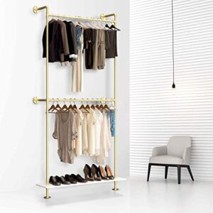 aiwfl industrial pipe clothing rack wall mounted,modern simple metal clothes rack,vintage retail display garment rack with white shelves,metal gold clothes racks with 2 tier hanging rods(47.2" l)