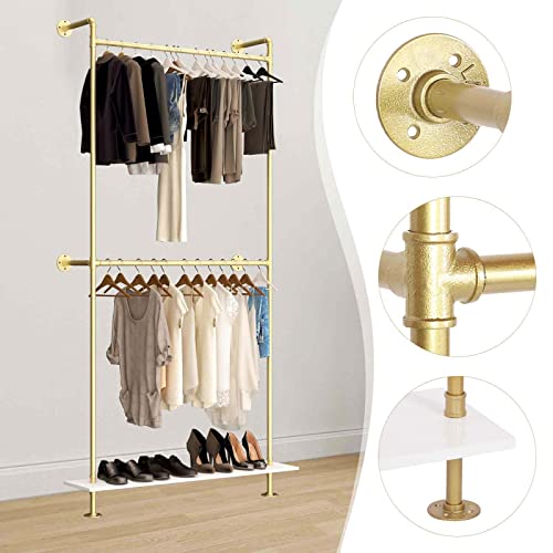 AIWFL Industrial Pipe Clothing Rack Wall Mounted,Modern Simple Metal Clothes Rack,Vintage Retail Display Garment Rack with White Shelves,Metal Gold Clothes Racks with 2 Tier Hanging Rods(47.2" L)