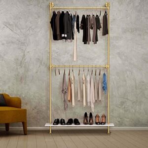 AIWFL Industrial Pipe Clothing Rack Wall Mounted,Modern Simple Metal Clothes Rack,Vintage Retail Display Garment Rack with White Shelves,Metal Gold Clothes Racks with 2 Tier Hanging Rods(47.2" L)