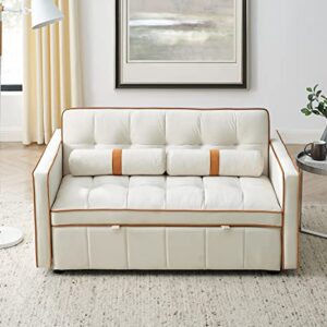 LKTART Modern 55.5'' Pull Out Sleeper Sofa Bed Loveseats Velvet Couch Adjustable Backrest Lumbar Pillows Side Pockets Living Room Apartment Beige