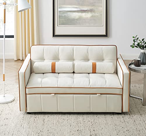 LKTART Modern 55.5'' Pull Out Sleeper Sofa Bed Loveseats Velvet Couch Adjustable Backrest Lumbar Pillows Side Pockets Living Room Apartment Beige