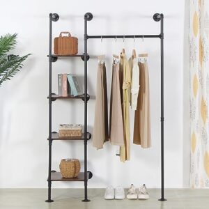 edcb industrial pipe clothing rack with shelves, 71inch wall mounted closet storage rack,hanging clothes retail display rack, garment racks with shelves closet rods system