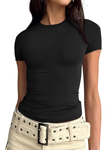 Trendy Queen Y2K Summer Crop Tops for Women - Scoop Neck, Slim Fit, Short Sleeve Tees - Black