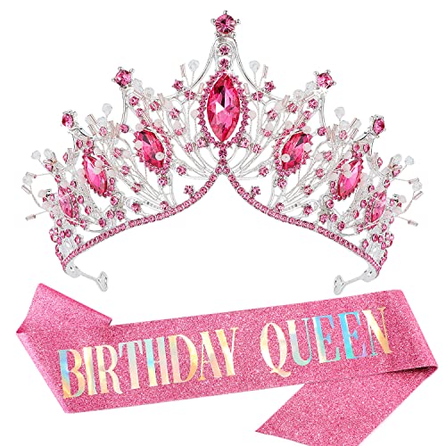 VELSCRUN Birthday Crowns for Women, Pink Birthday Queen Sash Tiaras for Women, Princess Rhinestone Tiara Glitter Birthday Girl Sash, Women Girls Birthday Party Decorations Gifts Accessories