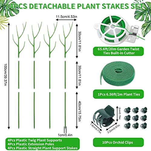 ROADPLUM 4 Pack 39.37" Detachable Twig Plant Support Stakes Set, Blends in to Plant, Branch Plant Sticks with Orchid Clips Twist Plant Ties, Twig Trellis for Indoor Outdoor Plants Potted Plants Flower