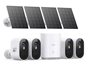 aosu solar security cameras wireless outdoor, 2k qhd battery powered home security system, 4 cameras kit with 166° ultra-wide view, forever power, spotlight camera, 32g local storage, no monthly fee