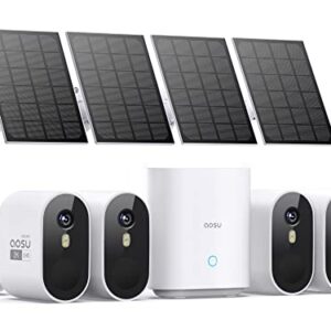 AOSU Solar Security Cameras Wireless Outdoor, 2K QHD Battery Powered Home Security System, 4 Cameras Kit with 166° Ultra-Wide View, Forever Power, Spotlight Camera, 32G Local Storage, No Monthly Fee