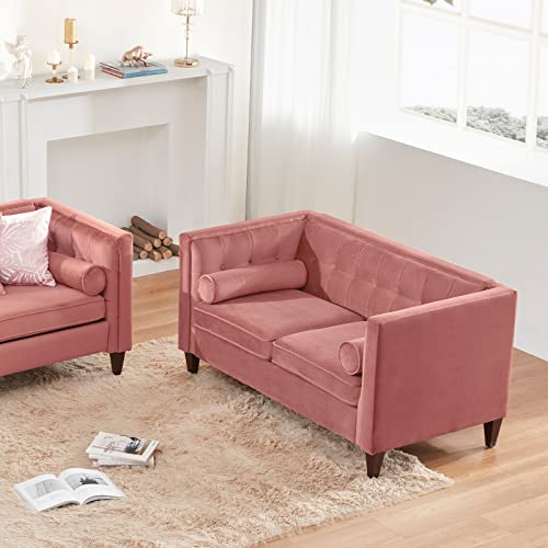 Dreamsir 58'' W Velvet Sofa, Mid-Century Love Seats Sofa Furniture with Bolster Pillows, Button Tufted Couch for Living Room, Tool-Free Assembly (Loveseat, Pink)