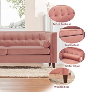 Dreamsir 58'' W Velvet Sofa, Mid-Century Love Seats Sofa Furniture with Bolster Pillows, Button Tufted Couch for Living Room, Tool-Free Assembly (Loveseat, Pink)