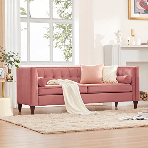 Dreamsir 58'' W Velvet Sofa, Mid-Century Love Seats Sofa Furniture with Bolster Pillows, Button Tufted Couch for Living Room, Tool-Free Assembly (Loveseat, Pink)