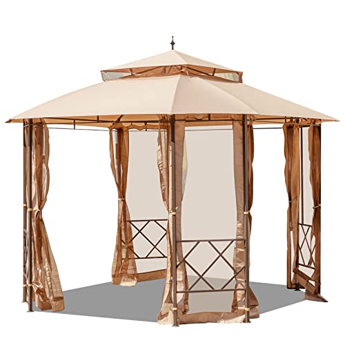 YOLENY 12'x10' Patio Canopy,Gazebo with Mesh Curtains and Safety Bars, Waterproof Double Roof Tops, for Garden, Backyard,Parties, Deck, Khaki