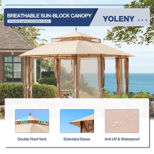 YOLENY 12'x10' Patio Canopy,Gazebo with Mesh Curtains and Safety Bars, Waterproof Double Roof Tops, for Garden, Backyard,Parties, Deck, Khaki