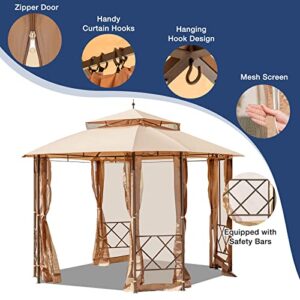 YOLENY 12'x10' Patio Canopy,Gazebo with Mesh Curtains and Safety Bars, Waterproof Double Roof Tops, for Garden, Backyard,Parties, Deck, Khaki