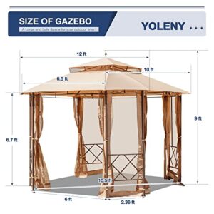 YOLENY 12'x10' Patio Canopy,Gazebo with Mesh Curtains and Safety Bars, Waterproof Double Roof Tops, for Garden, Backyard,Parties, Deck, Khaki