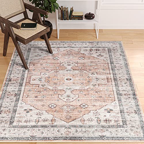 Valenrug Pink Washable Rug - Non-Slip Soft 5x7 Area Rugs, Stain Resistant Antique Rugs for Living Room, Foldable Vintage Bedroom Rug(5'x7', TPR35-Pink)