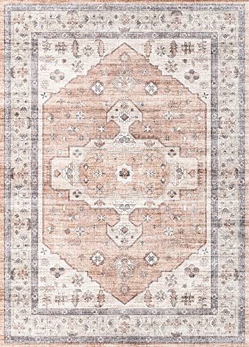 Valenrug Pink Washable Rug - Non-Slip Soft 5x7 Area Rugs, Stain Resistant Antique Rugs for Living Room, Foldable Vintage Bedroom Rug(5'x7', TPR35-Pink)