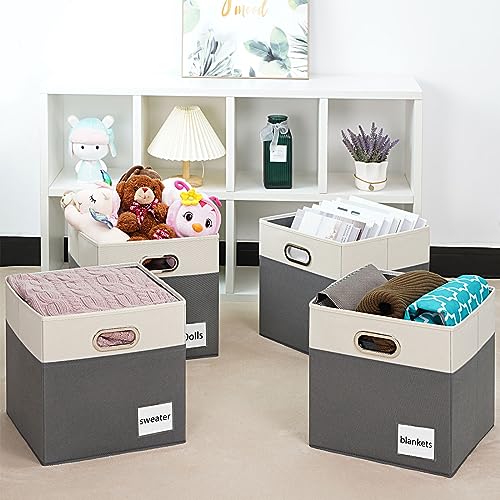 GhvyenntteS 11 Inch Cube Storage Bin, Fabric Storage Cubes with Label Cards, Fabric Storage Bins with Metal Handles, Foldable Cube Storage Organizer Bins for Closet, Home, Office (Grey&White, 4 Pack)