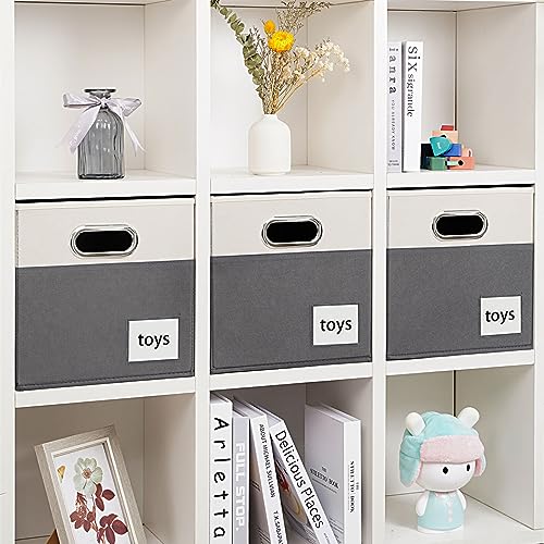 GhvyenntteS 11 Inch Cube Storage Bin, Fabric Storage Cubes with Label Cards, Fabric Storage Bins with Metal Handles, Foldable Cube Storage Organizer Bins for Closet, Home, Office (Grey&White, 4 Pack)