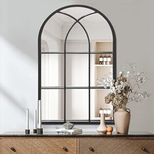 zmycz arched wall mounted mirror, black wall mirror, arched-top bathroom mirror, farmhouse mirror, windowpane metal frame mirror, long hanging mirror for living room or bedroom (20"x28")