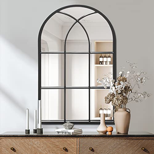 ZMYCZ Arched Wall Mounted Mirror, Black Wall Mirror, Arched-Top Bathroom Mirror, Farmhouse Mirror, Windowpane Metal Frame Mirror, Long Hanging Mirror for Living Room or Bedroom (20"x28")