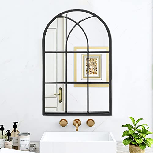 ZMYCZ Arched Wall Mounted Mirror, Black Wall Mirror, Arched-Top Bathroom Mirror, Farmhouse Mirror, Windowpane Metal Frame Mirror, Long Hanging Mirror for Living Room or Bedroom (20"x28")