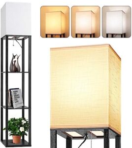 floor lamp with shelves for living room, shelf floor lamp with 3 cct led bulb, corner display standing column lamp etagere organizer tower nightstand with white linen shade for bedroom, office