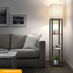 Floor Lamp with Shelves for Living Room, Shelf Floor Lamp with 3 CCT LED Bulb, Corner Display Standing Column Lamp Etagere Organizer Tower Nightstand with White Linen Shade for Bedroom, Office