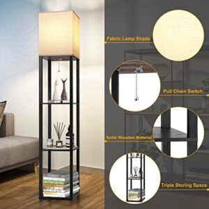 Floor Lamp with Shelves for Living Room, Shelf Floor Lamp with 3 CCT LED Bulb, Corner Display Standing Column Lamp Etagere Organizer Tower Nightstand with White Linen Shade for Bedroom, Office