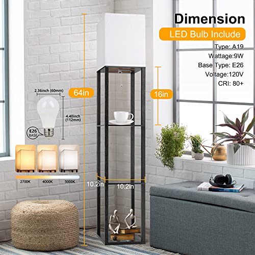 Floor Lamp with Shelves for Living Room, Shelf Floor Lamp with 3 CCT LED Bulb, Corner Display Standing Column Lamp Etagere Organizer Tower Nightstand with White Linen Shade for Bedroom, Office