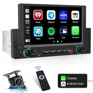 hikity apple carplay car radio android auto, 6.2 inch single din touchscreen car stereo with bluetooth and backup camera, fm car audio receiver
