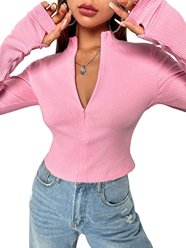 SOLY HUX Women's Zip Up Mock Neck Long Sleeve Crop Tops Casual Tee T Shirts with Thumb Hole Solid Pink S