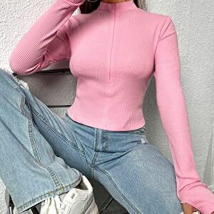 SOLY HUX Women's Zip Up Mock Neck Long Sleeve Crop Tops Casual Tee T Shirts with Thumb Hole Solid Pink S