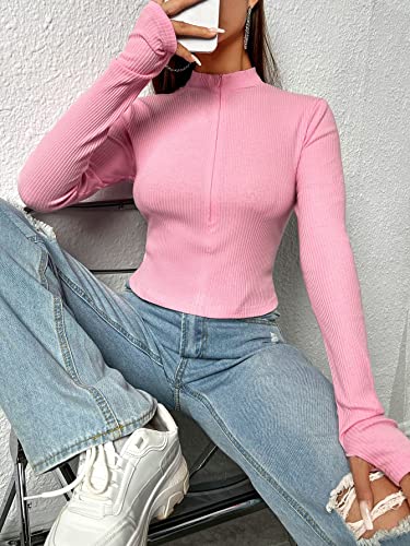 SOLY HUX Women's Zip Up Mock Neck Long Sleeve Crop Tops Casual Tee T Shirts with Thumb Hole Solid Pink S