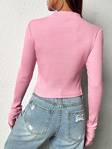 SOLY HUX Women's Zip Up Mock Neck Long Sleeve Crop Tops Casual Tee T Shirts with Thumb Hole Solid Pink S