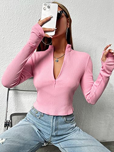 SOLY HUX Women's Zip Up Mock Neck Long Sleeve Crop Tops Casual Tee T Shirts with Thumb Hole Solid Pink S