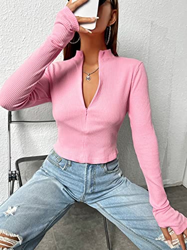 SOLY HUX Women's Zip Up Mock Neck Long Sleeve Crop Tops Casual Tee T Shirts with Thumb Hole Solid Pink S