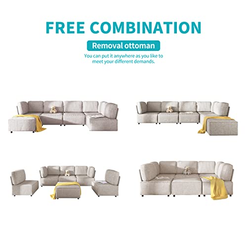 BALUS Beige Modular Sectional Sofa with Ottoman, U Shaped L Shaped Convertible Sectional Couch, Free-Combined Oversized Sectional Sleeper Sofa Furniture Sets for Living Room