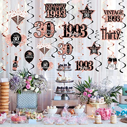 16pcs 30th Birthday Decorations Hanging Swirls for Women, Rose Gold Vintage 1993 30th Birthday Foil Swirls Party Supplies, Thirty Year Old Birthday Ceiling Hanging Decorations