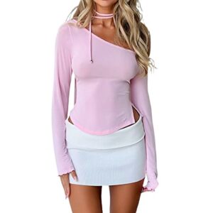 women's square neck long sleeve top basic slim fitted t-shirt crop top sexy solid lace tee chic y2k aesthetic clothes