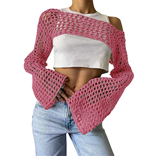 HOULENGS Women 2023 Summer Crochet Cropped Top Cute Long Sleeve Hollow Out Knit Crop Sweaters Tops Pink Small