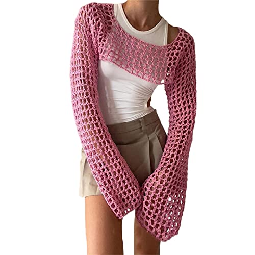 HOULENGS Women 2023 Summer Crochet Cropped Top Cute Long Sleeve Hollow Out Knit Crop Sweaters Tops Pink Small