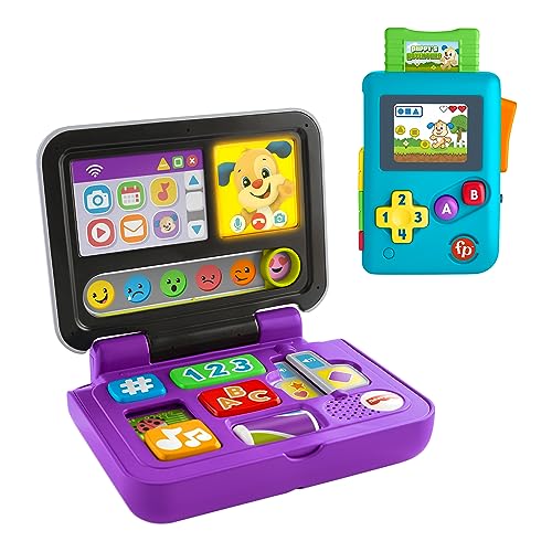 Fisher-Price Learning Toy Bundle with Laugh & Learn Click & Learn Laptop Pretend Computer and Lil’ Gamer Musical Toy