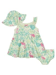 gerber baby girls' 3-piece sundress, diaper cover and hat set, flamingo