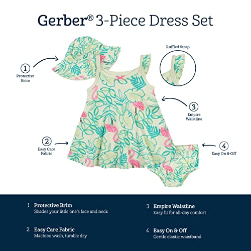 Gerber Baby Girls' 3-Piece Sundress, Diaper Cover and Hat Set, Flamingo