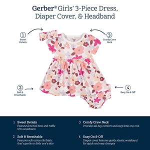 Gerber Baby Girls' 3-Piece Dress, Diaper Cover and Headband Set, Floral