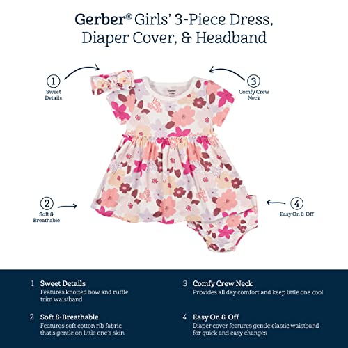 Gerber Baby Girls' 3-Piece Dress, Diaper Cover and Headband Set, Floral