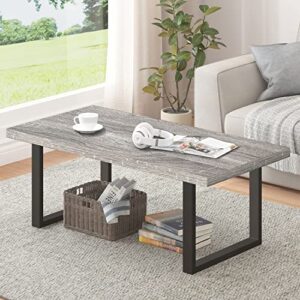 ibf industrial coffee table, wood and metal simple modern rustic center table, minimalist rectangle farmhouse wooden cocktail table for living room, light grey oak, 47 inch