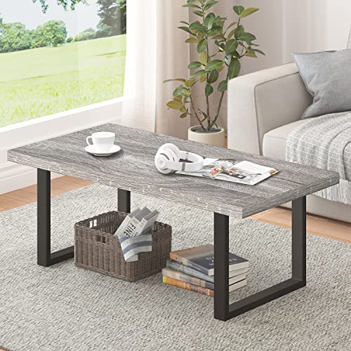 IBF Industrial Coffee Table, Wood and Metal Simple Modern Rustic Center Table, Minimalist Rectangle Farmhouse Wooden Cocktail Table for Living Room, Light Grey Oak, 47 Inch