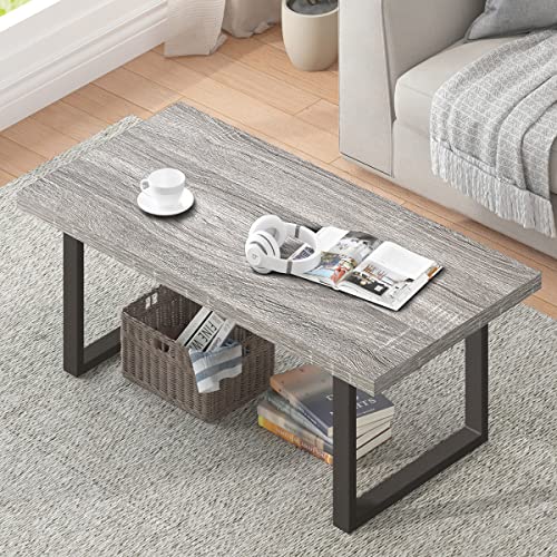 IBF Industrial Coffee Table, Wood and Metal Simple Modern Rustic Center Table, Minimalist Rectangle Farmhouse Wooden Cocktail Table for Living Room, Light Grey Oak, 47 Inch