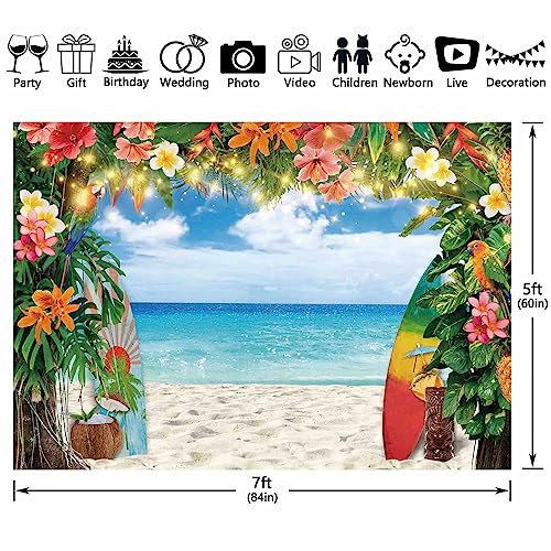 YCUCUEI 7x5ft Fabric Summer Hawaiian Beach Photography Backdrop Tropical Flower Palm Leaves Surfboard Background Aloha Luau Decorations Photo Banner